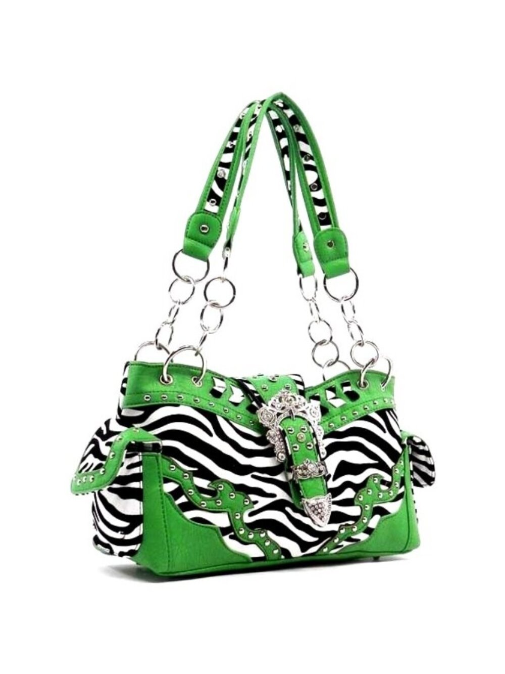 Concealed Carry Western Shoulder Bag Lime Green Zebra Faux Leather Rhinestone